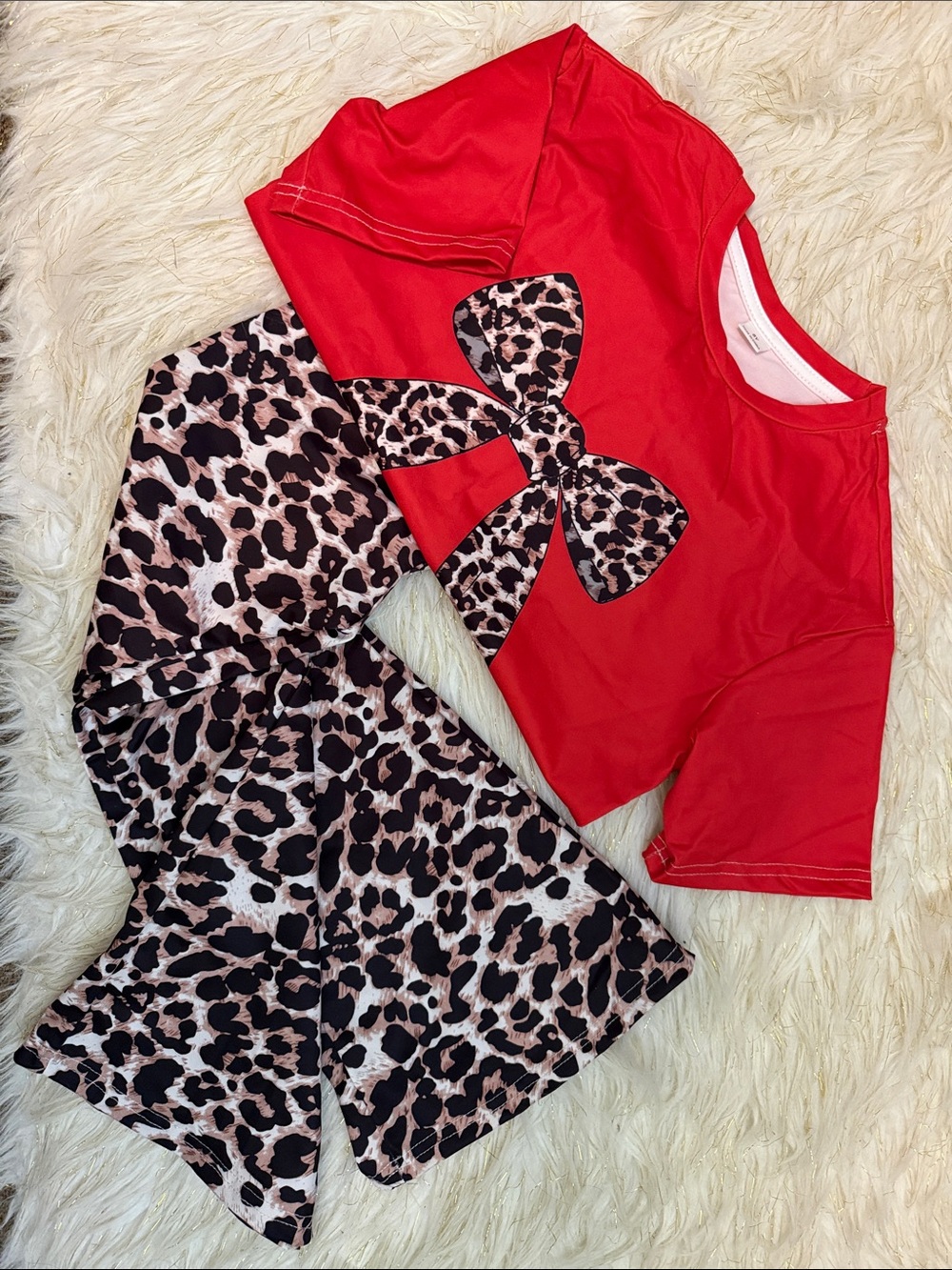 SHEIN Red Top with Leopard Bow & Leopard Print Pants